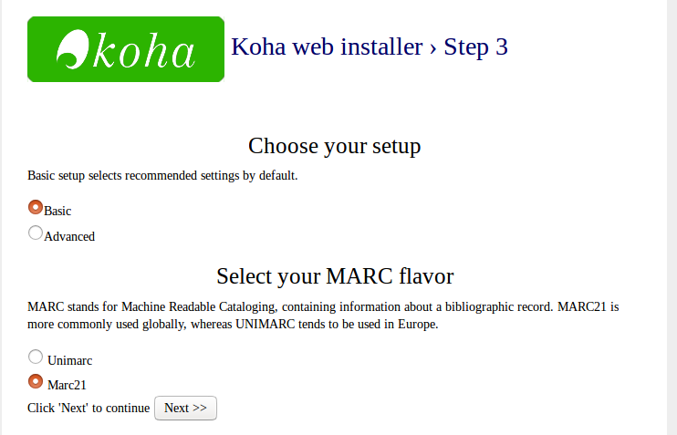 Updated Koha web installer setup mode options