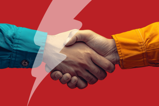 The image shows a close-up of two hands shaking, with one person wearing a turquoise shirt and the other wearing an orange shirt. The background is a bold red, and there is a lightning bolt graphic overlaying the handshake, emphasising the connection between the two individuals. The image conveys collaboration and partnership.