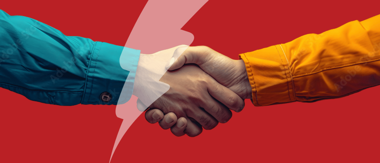 The image shows a close-up of two hands shaking, with one person wearing a turquoise shirt and the other wearing an orange shirt. The background is a bold red, and there is a lightning bolt graphic overlaying the handshake, emphasising the connection between the two individuals. The image conveys collaboration and partnership.