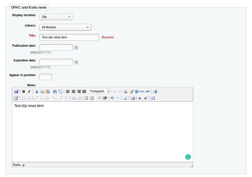 Form to create the news item