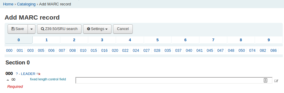 Add MARC record page, showing the 000 – Leader field is empty before it has been clicked