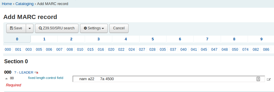Add MARC record page, showing the 000 -Leader field has important characters filled in after it has been clicked
