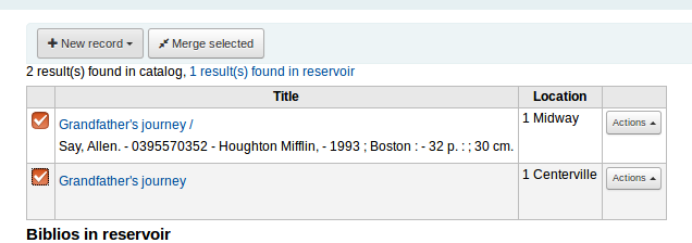 two catalogue record results for 'Grandfather's journey'. each had a box to the left that has been 'ticked' to choose these are to be merged into one biblio record.