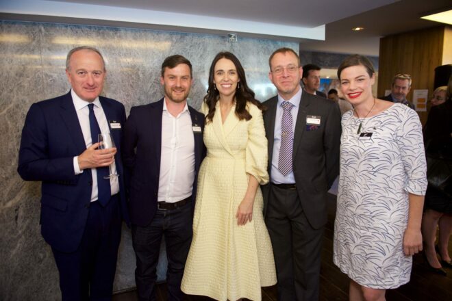 Catalyst IT Europe Managing Director Joey Murison accompanied by UCL's Jason Norton and Rt honourable Jacinda Ardern - Prime Minister of New Zealand