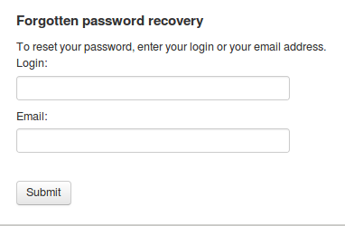 OPAC password reset form, login and email input with submit button