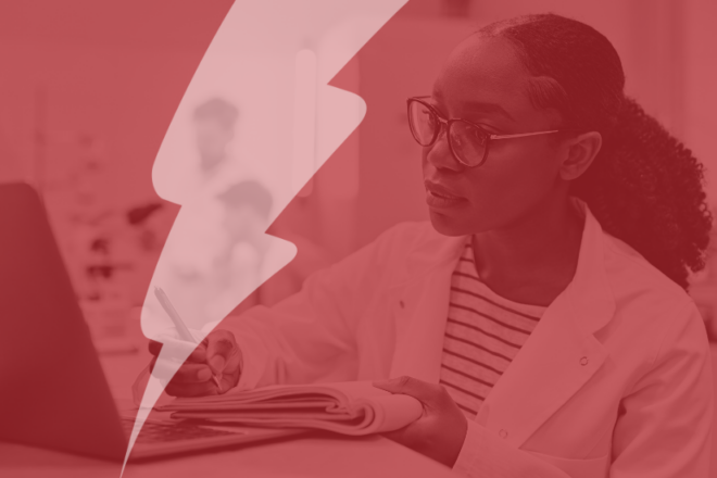 The image shows a black woman in a white lab coat, sitting at a desk in a laboratory or research setting. She is writing in a notebook while looking thoughtfully at her laptop. The background features shelves with lab equipment, creating a focused and professional environment. The image has a red overlay, adding a sense of emphasis to the scene.