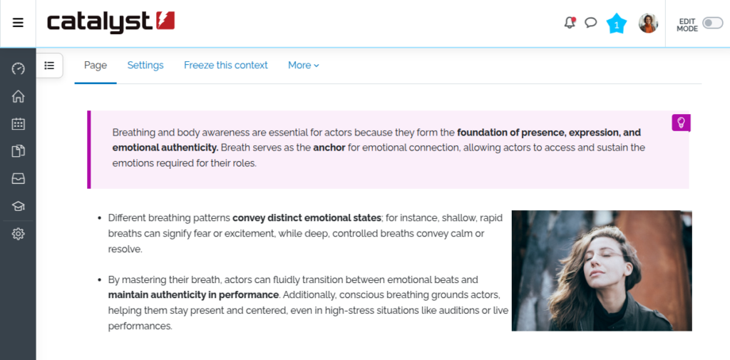 The image shows a Moodle page with a lesson on "Breathing and Body Awareness for Actors." The content includes a paragraph highlighting the importance of breathing for emotional authenticity in acting, stating that breath serves as an anchor for emotional connection. The text explains how different breathing patterns convey distinct emotional states, and how mastering breath helps actors stay present and authentic during performances. A photo of an actor practising breathing techniques is displayed on the right side of the text.