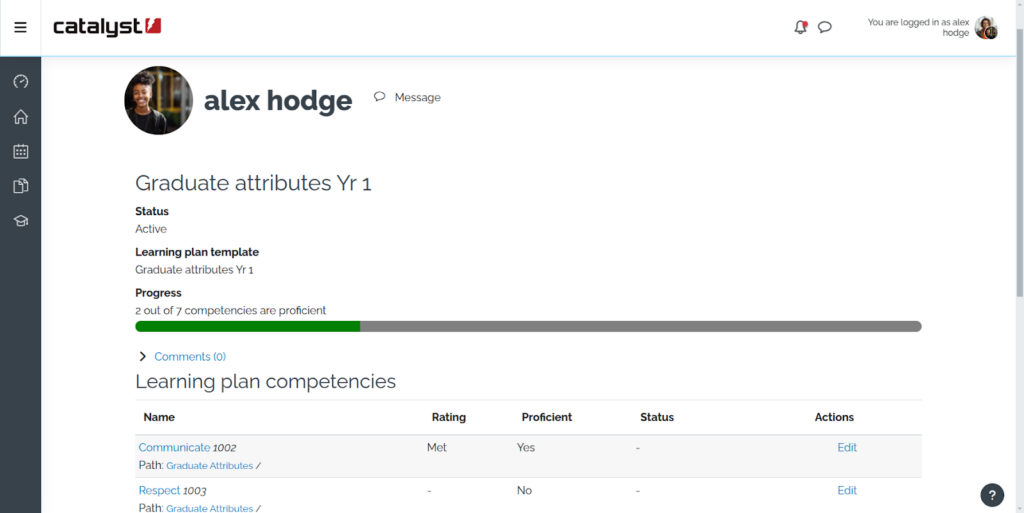 The image shows a Moodle page displaying the learning plan of a user named "Alex Hodge." The page shows the status of the learning plan titled "Graduate attributes Yr 1," which is marked as active. The progress bar indicates that 2 out of 7 competencies have been marked as proficient. The competencies listed include "Communicate" (marked as proficient) and "Respect" (marked as not proficient). Each competency has additional columns for rating, proficiency status, and actions such as editing.