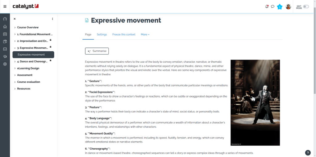 The image shows a Moodle course page titled "Expressive Movement." The content describes the importance of using body movements in theatre to convey emotion, character, and narrative. It includes a list of key components of expressive movement, such as "Gesture," "Facial Expressions," "Posture," "Body Language," "Movement Quality," and "Choreography." On the right side of the screen, there is a photo of a dramatic theatre performance, showing an actor on stage in a costume, with the lighting casting a strong focus on the actor's expressive movements.