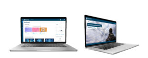 This image showcases two laptops side by side, each displaying the NATO School Oberammergau Moodle platform. On the left, the dashboard is visible with course tiles for "Freedom to Innovate" and "Experts in Open Source Solutions," along with the option to view self-directed courses. The calendar for February 2025 is shown on the right side of the screen. On the right laptop, a military-themed background with a soldier and a transparent NATO emblem is visible, welcoming users to the NATO School Oberammergau eLearning platform. Both laptops are shown on a neutral background.